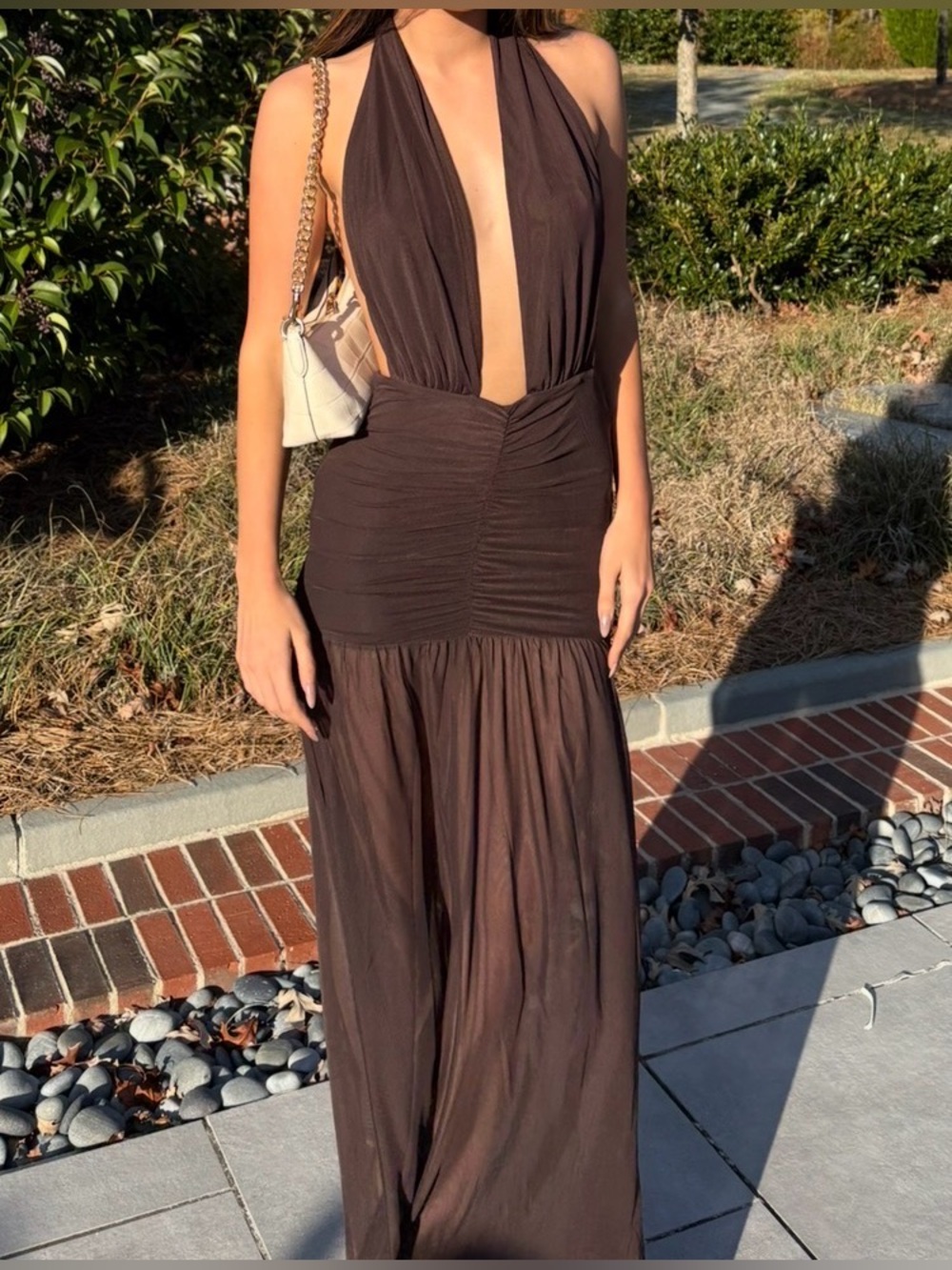 Deep V-Neck Brown Halter Maxi Dress - Picture 4 of 7